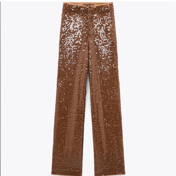 ZARA Copper Brown Sequin Pleated Wide Leg Pants - Picture 9 of 15
